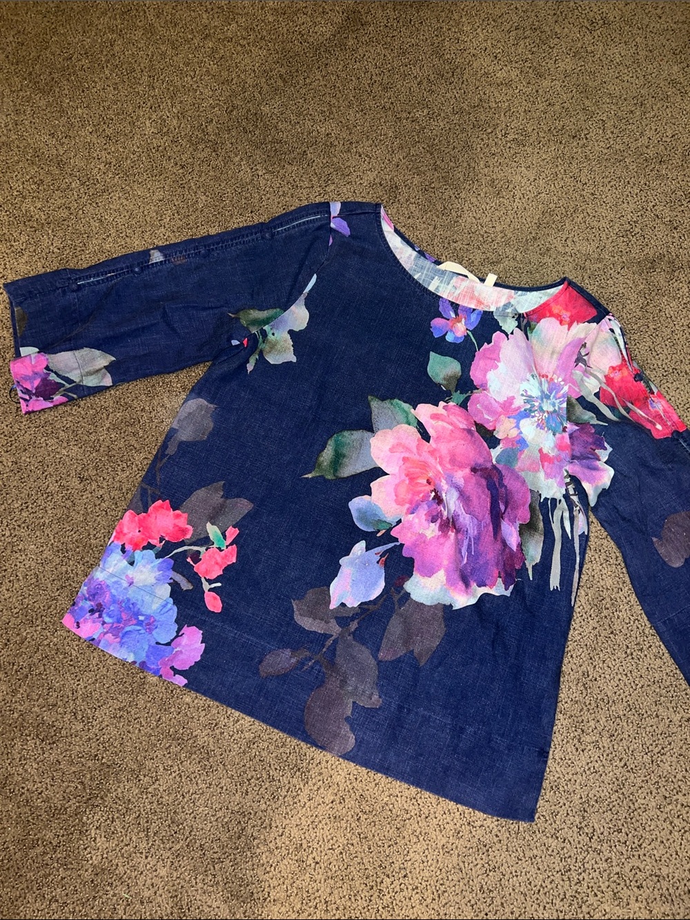 Soft Surroundings Floral Linen Blend Top Size Small Blue Pink Boho Hawaiian sm